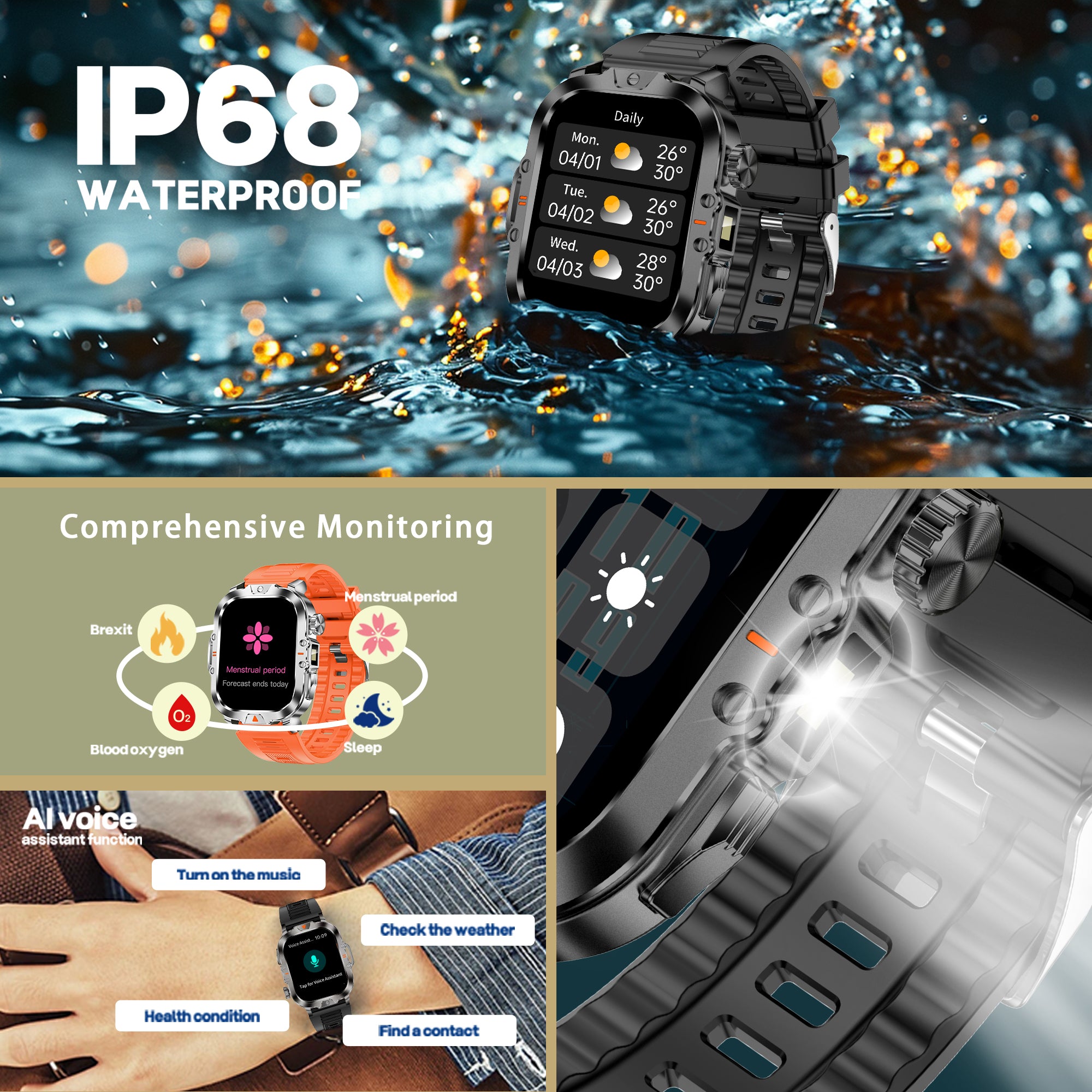 ৪১০mah টর্চলাইট স্মার্টওয়াচ Ip68 ওয়াটারপ্রুফ CR032 স্মার্ট ওয়াচ এক্সারসাইজ মোড বিটি কলিং হেলথ মনিটরিং